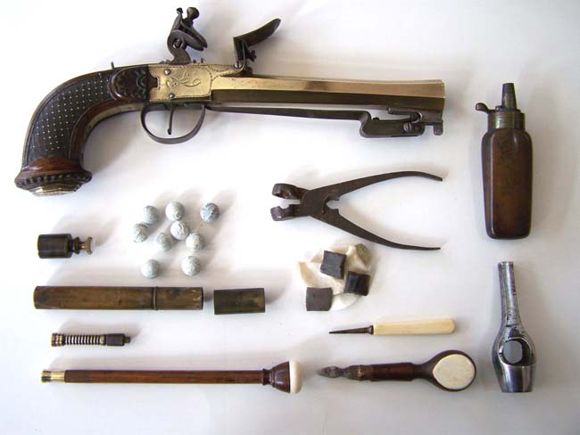 A Fine Cased Belgium made Flintlock Box-Lock Pistol with Spring Bayonet circa 1800 — image 3